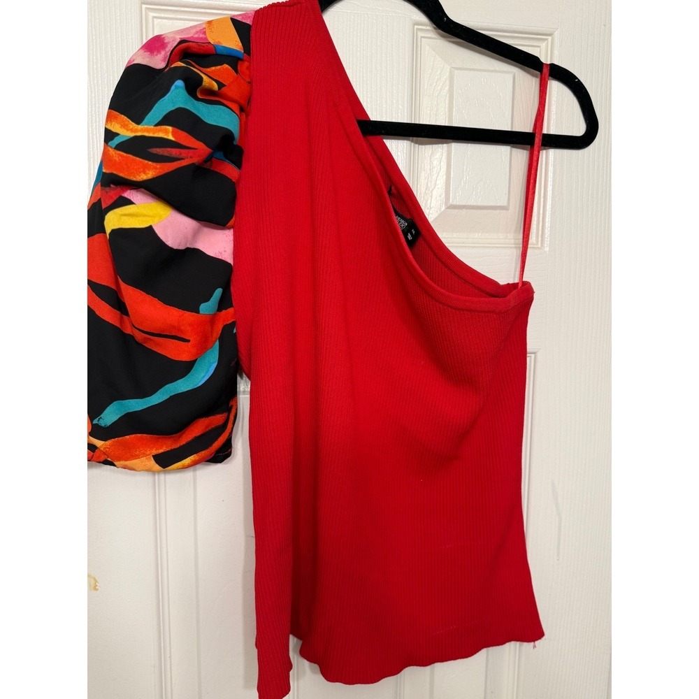 7th Avenue Red One Shoulder Top XXL Puff Sleeve Ribbed Knit Asymmetrical